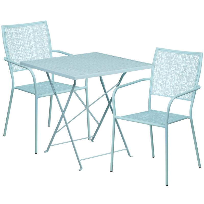 28 Square Sky Blue Indoor Outdoor Steel Folding Patio Table Set with 2 Square Back Chairs