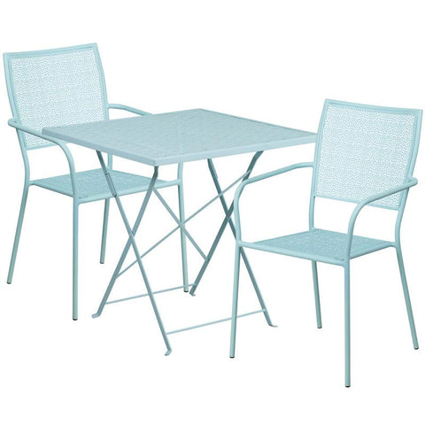 28'' Square Sky Blue Indoor-Outdoor Steel Folding Patio Table Set with 2 Square Back Chairs