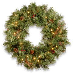 National Tree GN19-300-24W-B1 4' Glisteing Pine Wreath with Cones, Berries, & Twigs with 50 Warm Whi