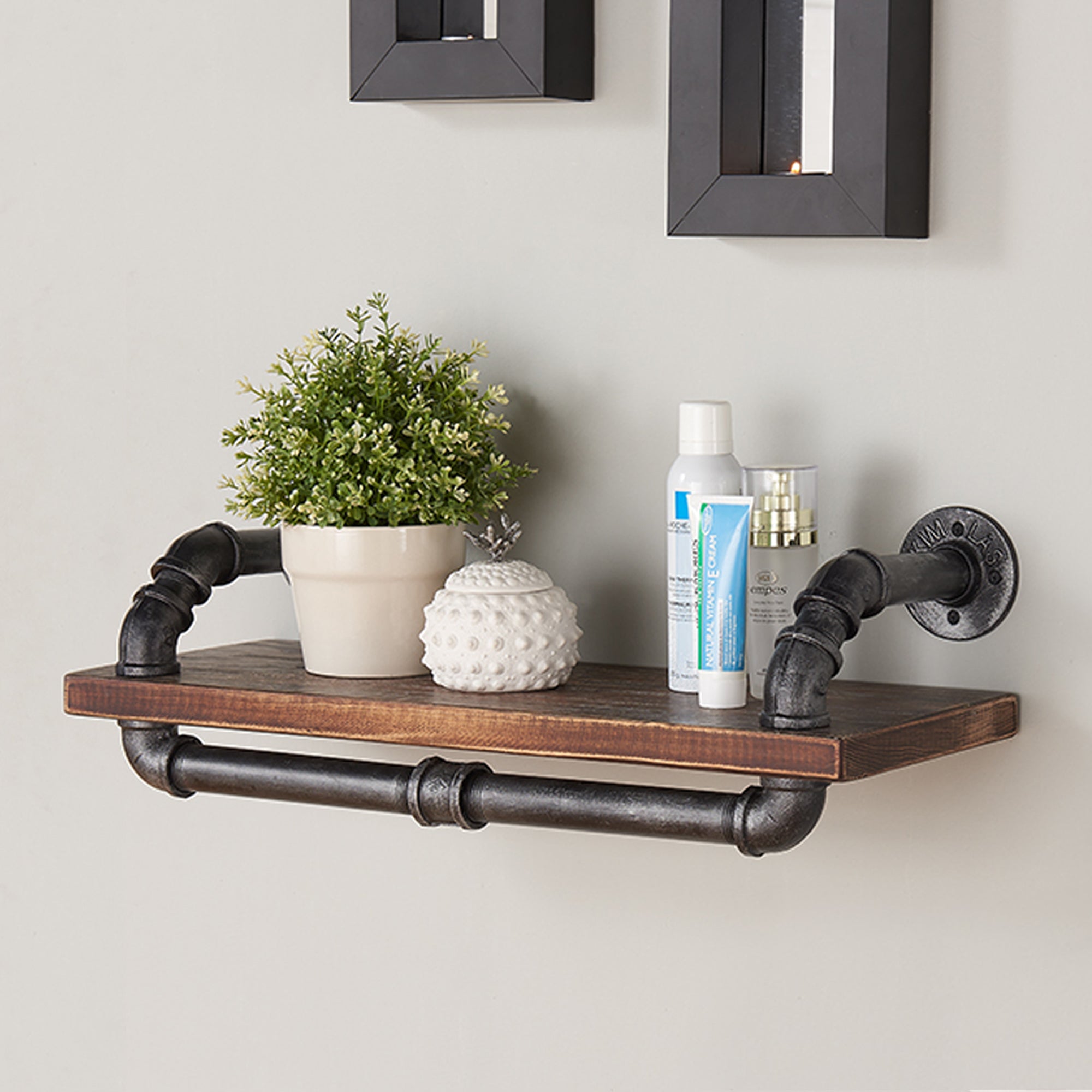Armen Living Lcissh24 24" Isadore Industrial Pine Wood Floating Wall Shelf In Gray And Walnut Finish