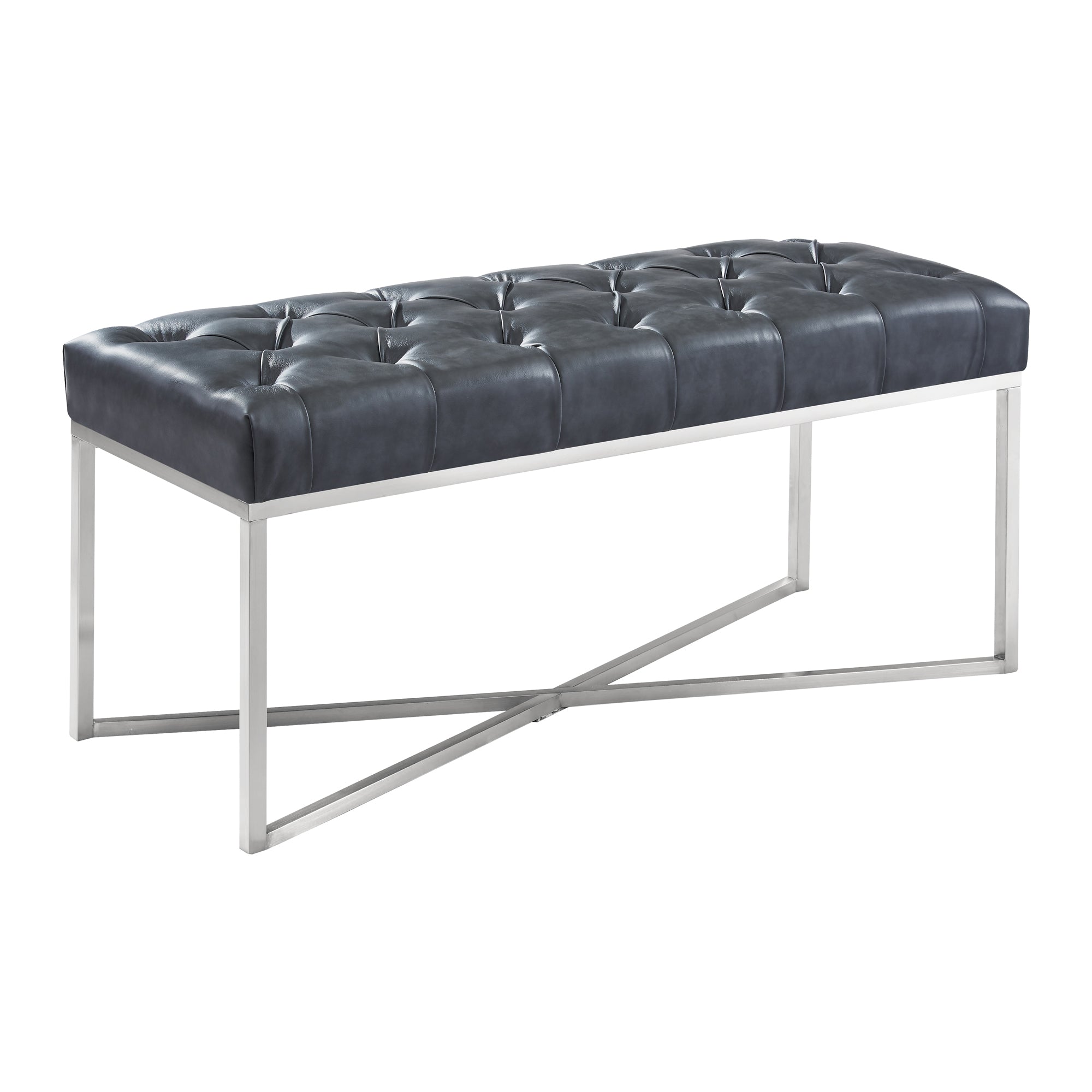 Armen Living Lcnlbepugr Noel Contemporary Bench In Grey Faux Leather And Brushed Stainless Steel Finish