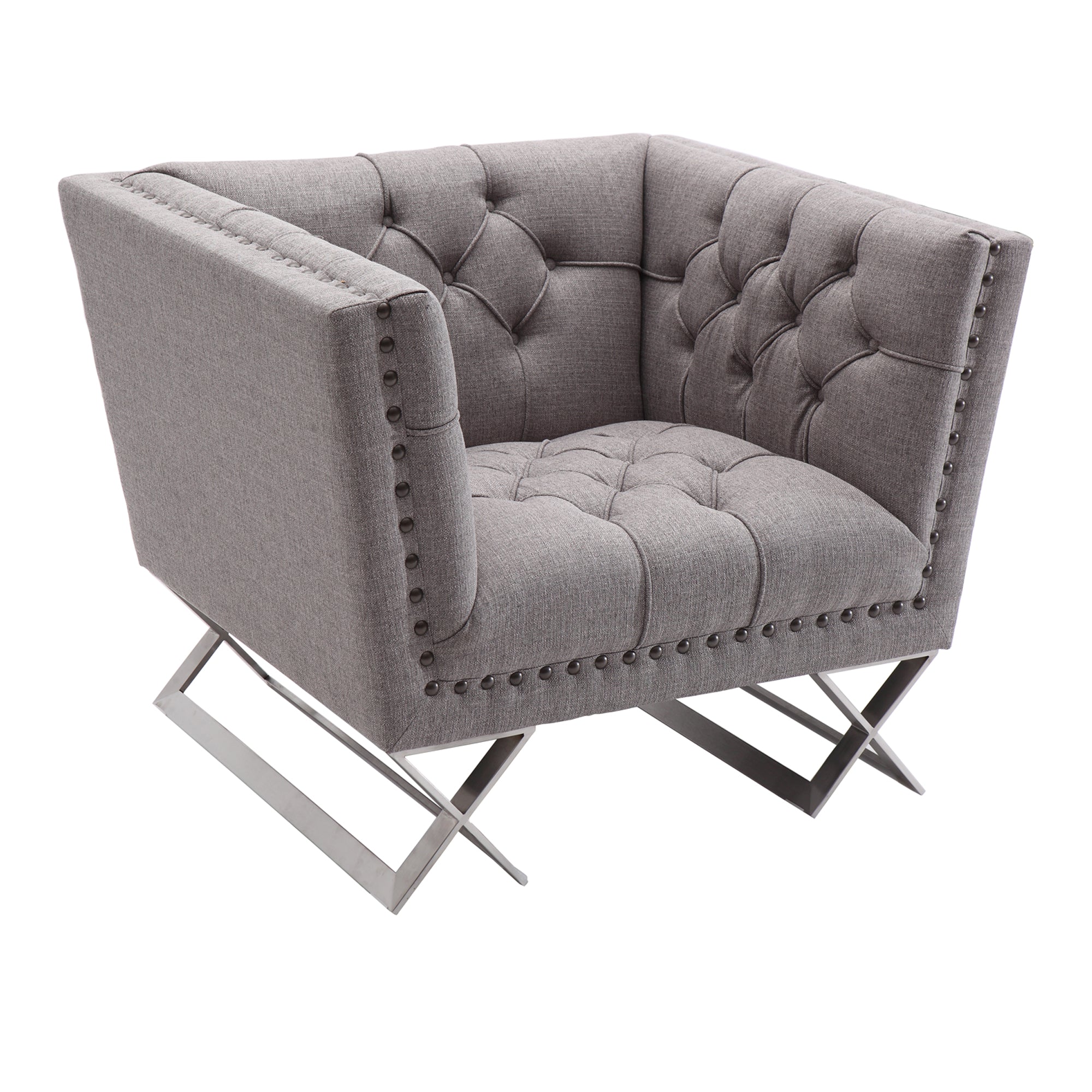 Armen Living Lcod1gr Odyssey Sofa Chair In Brushed Stainless Steel Finish With Grey Tweed And Black Nail Heads