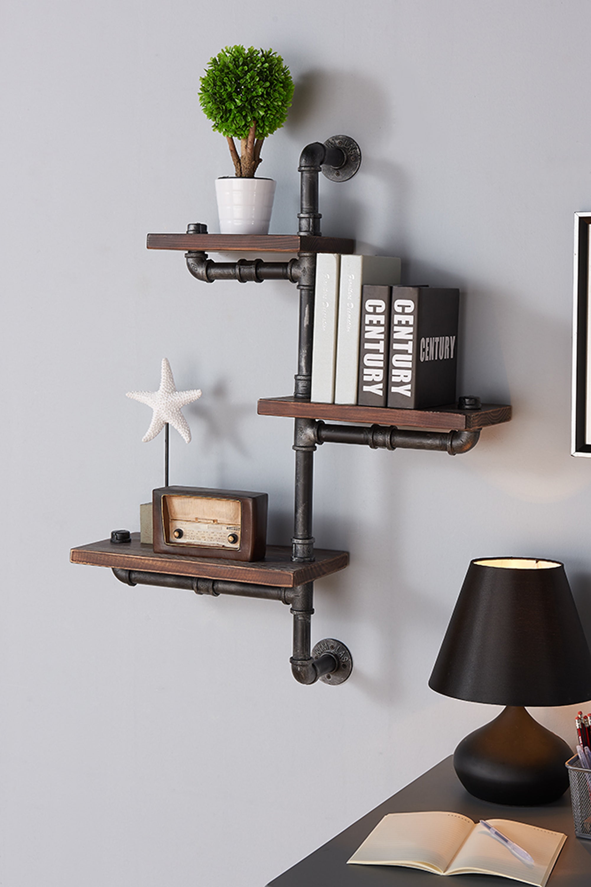 Armen Living Lcorsh30 30" Orton Industrial Pine Wood Floating Wall Shelf In Gray And Walnut Finish