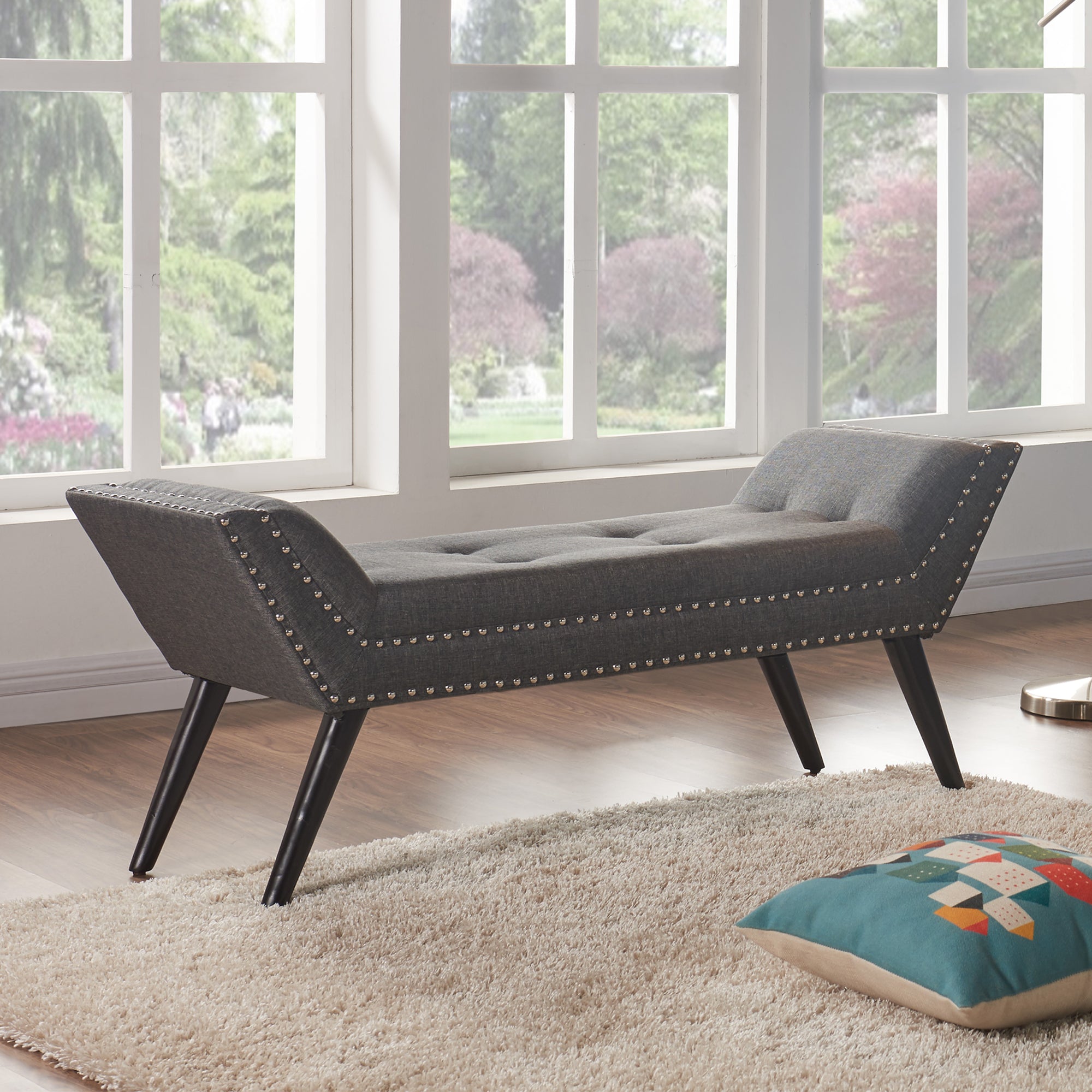 Armen Living Lcpobech Porter Ottoman Bench In Charcoal Fabric With Nailhead Trim And Espresso Wood Legs