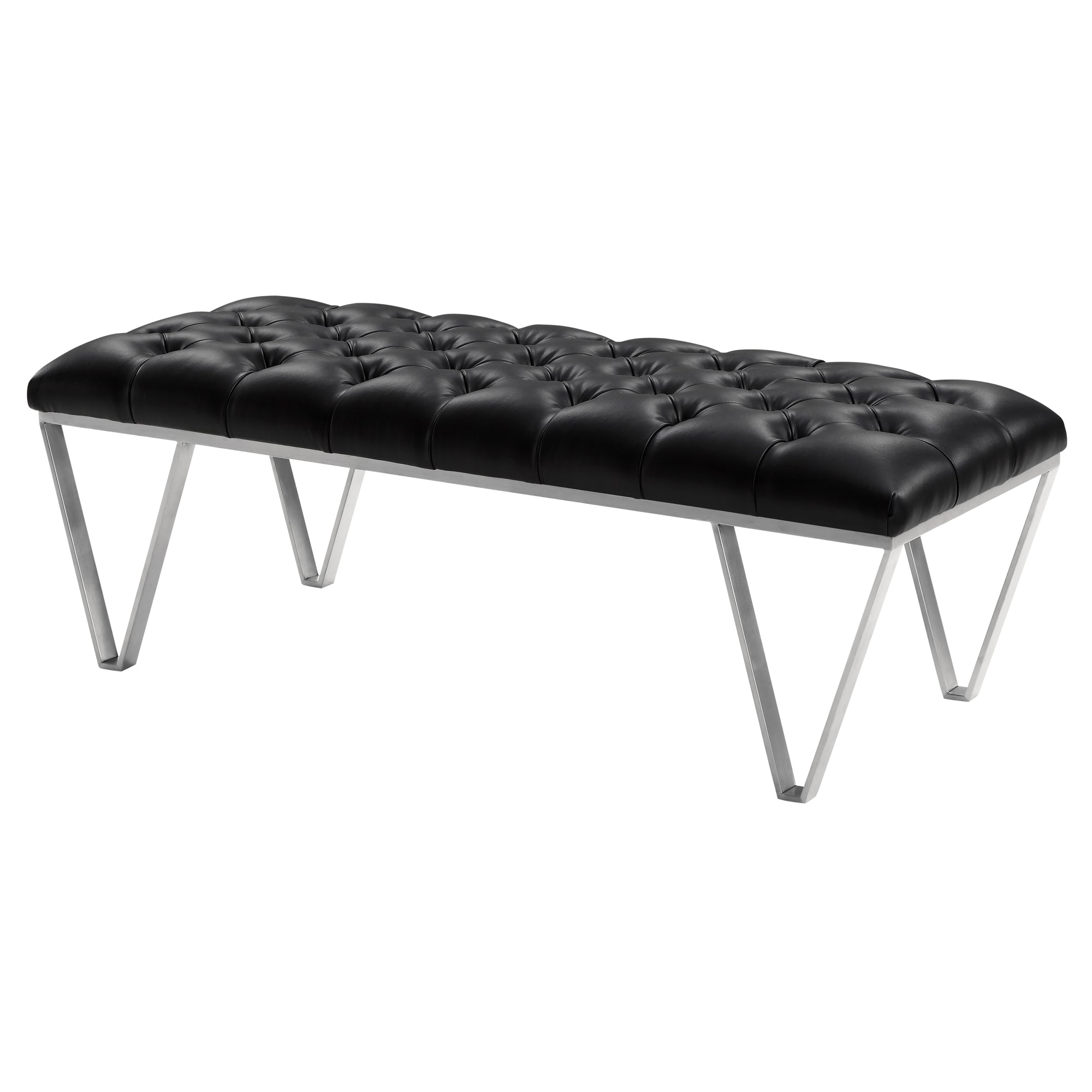 Armen Living Lcsrbeblack Serene Contemporary Tufted Bench In Brushed Stainless Steel With Black Faux Leather