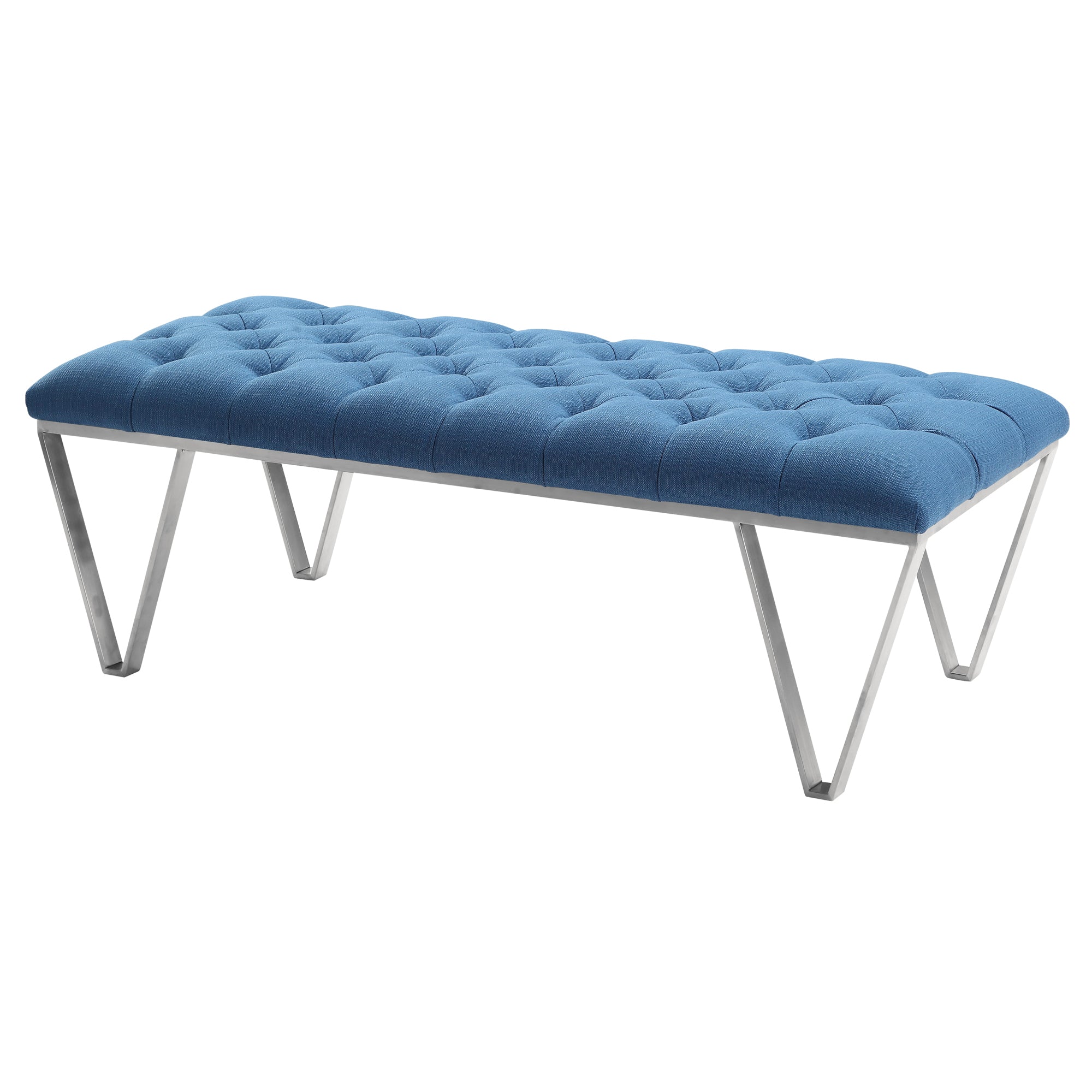 Armen Living Lcsrbeblue Serene Contemporary Tufted Bench In Brushed Stainless Steel With Blue Fabric