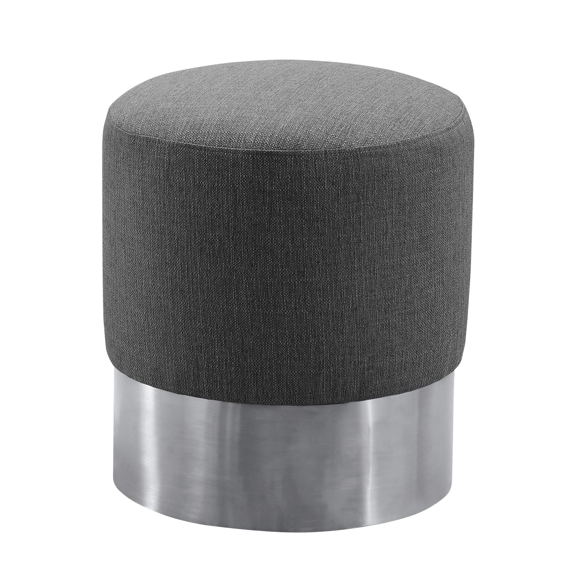 Armen Living Lctbotgrey Tabitha Contemporary Round Ottoman In Brushed Stainless Steel With Grey Fabric