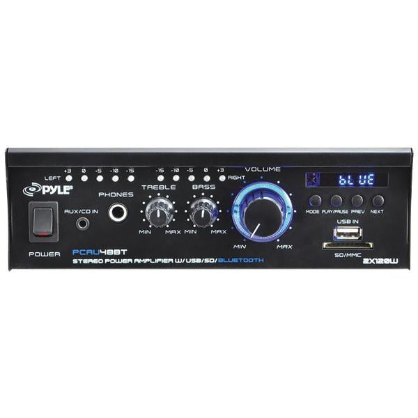 Pyle PCAU48BT - Bluetooth Mini Blue Series Stereo Power Amplifier  2 x 120 Watt  USB Charge Port  USB/SD Memory Card Readers  RCA and AUX (3.5mm) Input Connector Jacks  Remote Control