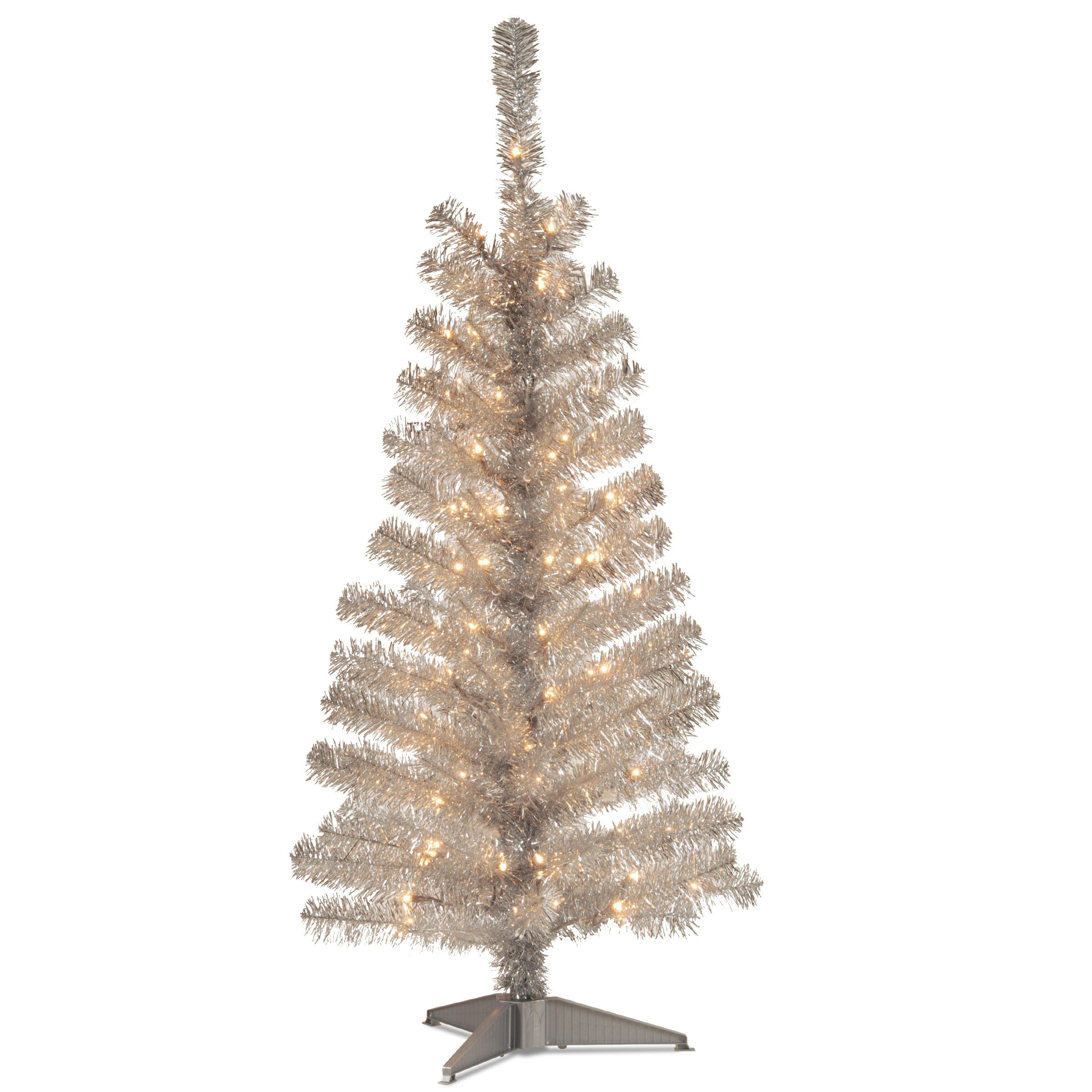 4 ft. Silver Tinsel Artificial Christmas Tree with Clear Lights, Metallics