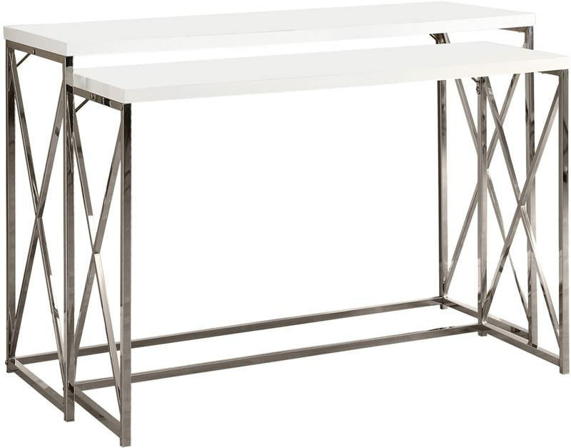 Monarch Specialties I 3027 Glossy White / Chrome Metal 2pcs Console Table Set