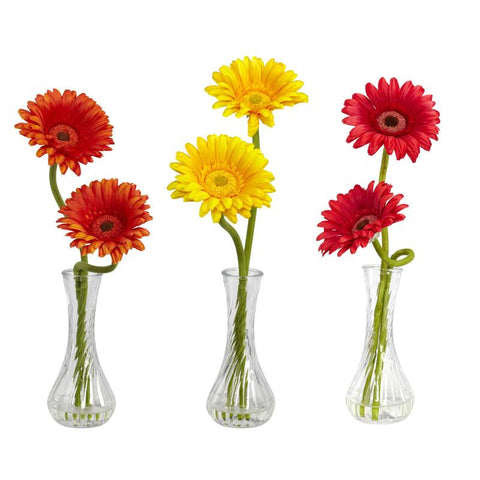 Nearly Natural 1248-A1 Gerber Daisy With Bud Vase (Set of 3)