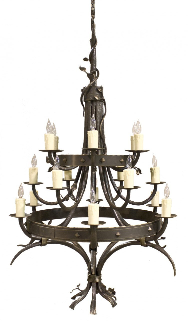 Stone County Ironworks 916 035 Enchanted Forest Iron Chandelier hand rubbed bronze w gold accent 18 Arm
