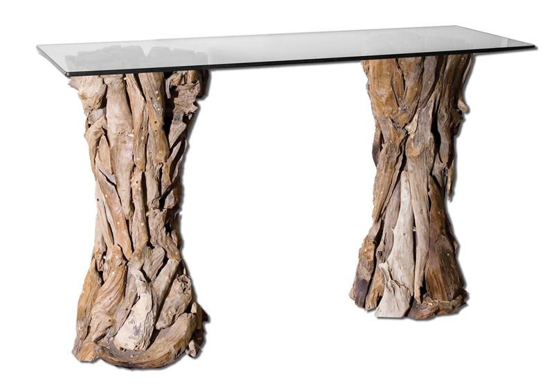 Uttermost 25582 Teak Root Glass Top Console Table