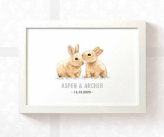 Woodland Bunny Rabbit Twin Baby Name Print