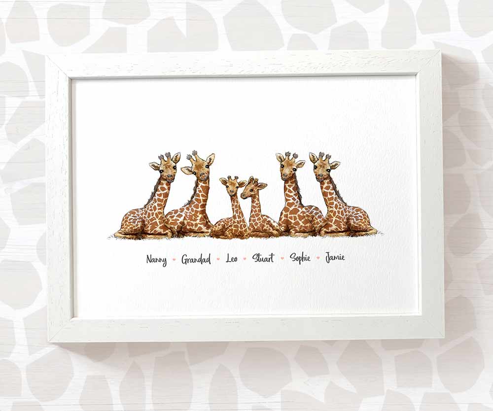 Personalised giraffe family names print