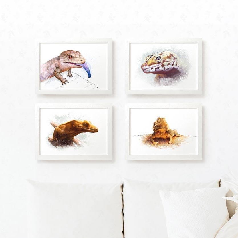 Reptile set of prints with Leopard Gecko, Blue Tongued Skink, Bearded Dragon, Crested Gecko