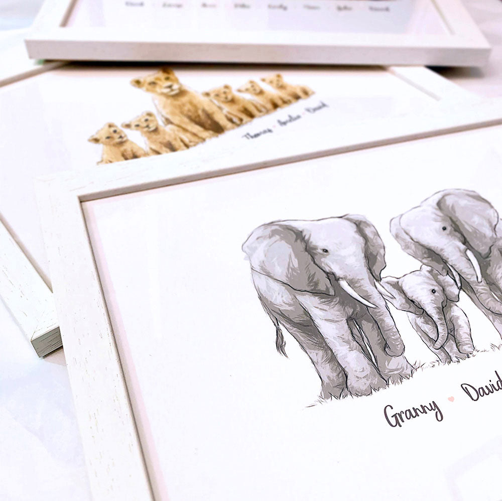 Framed Personalised Safari Family Name Prints Handmade UK