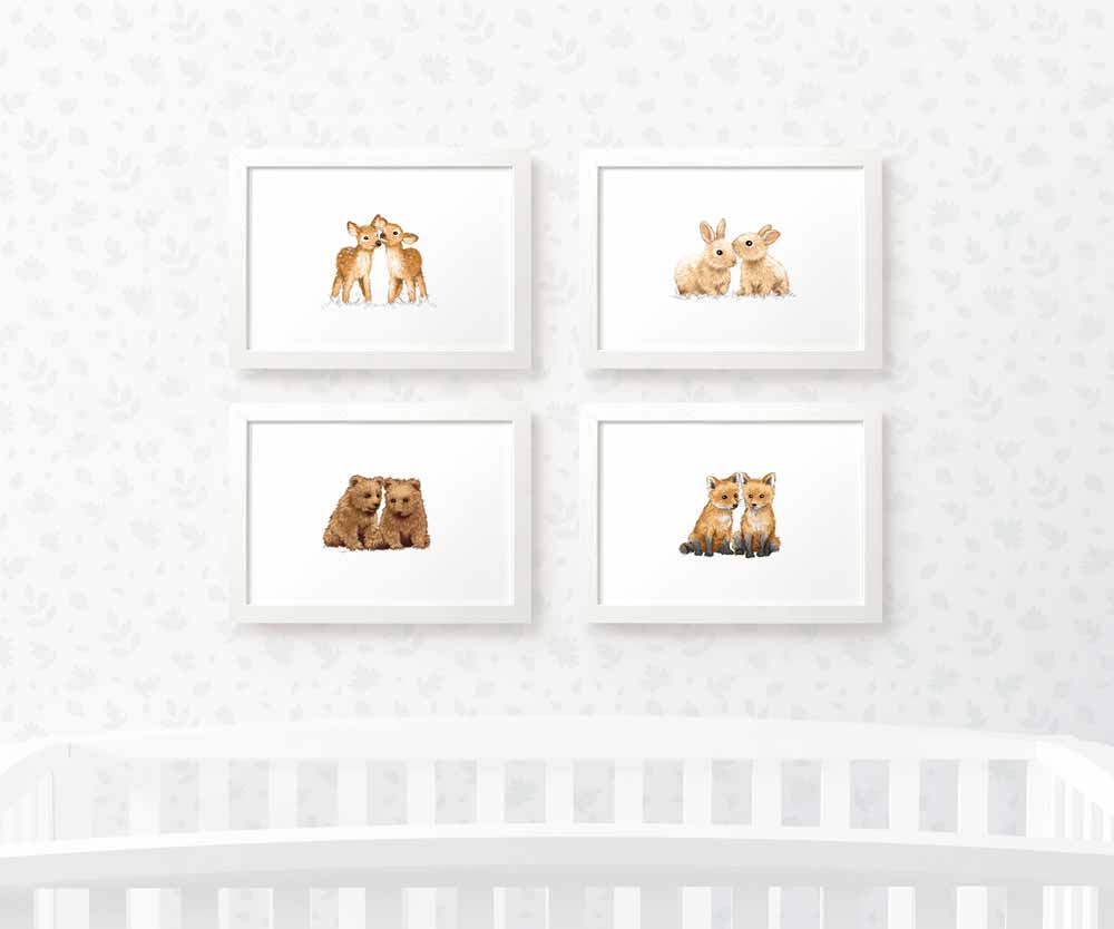 Personalised Twin Woodland Nursery Prints Animal Wall Art Gender Neutral Baby Room Decor