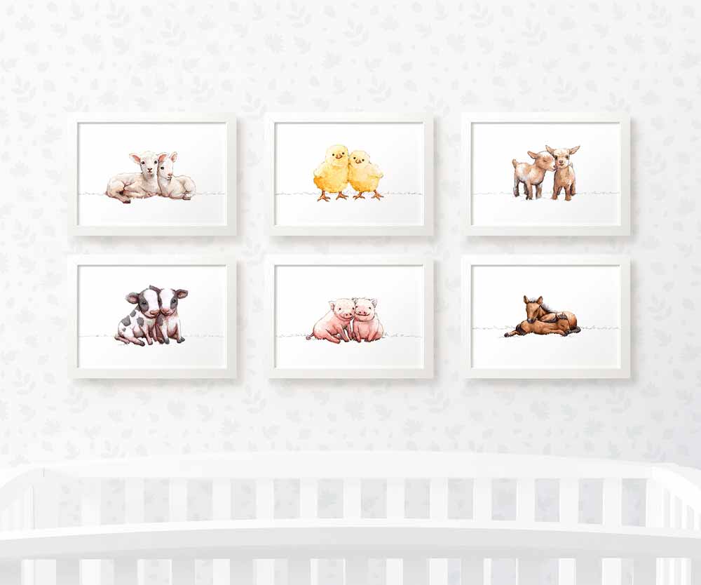 Twin farm animal nursery decor print set of 6 wall art