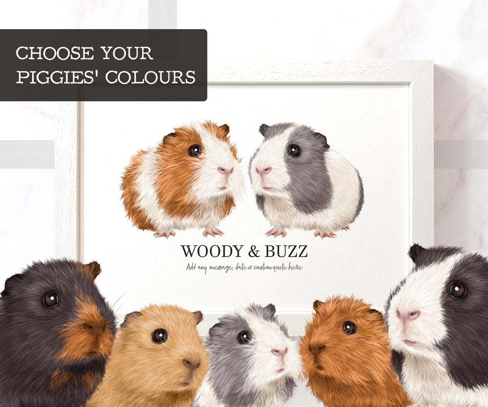 Adorable two guinea pigs A4 art print personalised with names and any message displayed in a white wood frame - Perfect for guinea pig lovers and pet owners