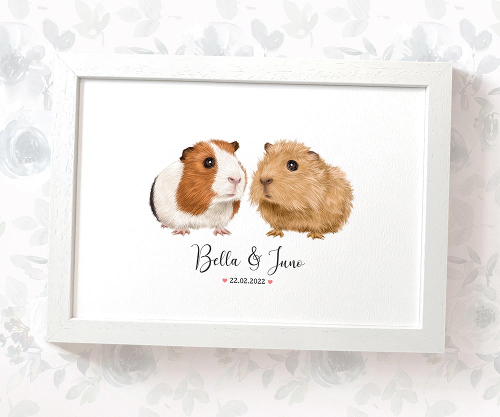 Wall art of two adorable guinea pigs with personalised names and date for a unique valentines day, engagement or wedding gift