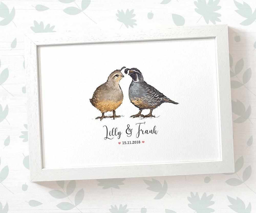 Personalized Quail Couple A3 Framed Print Featuring Names And Date For A Memorable 50th Anniversary Gift For Parents