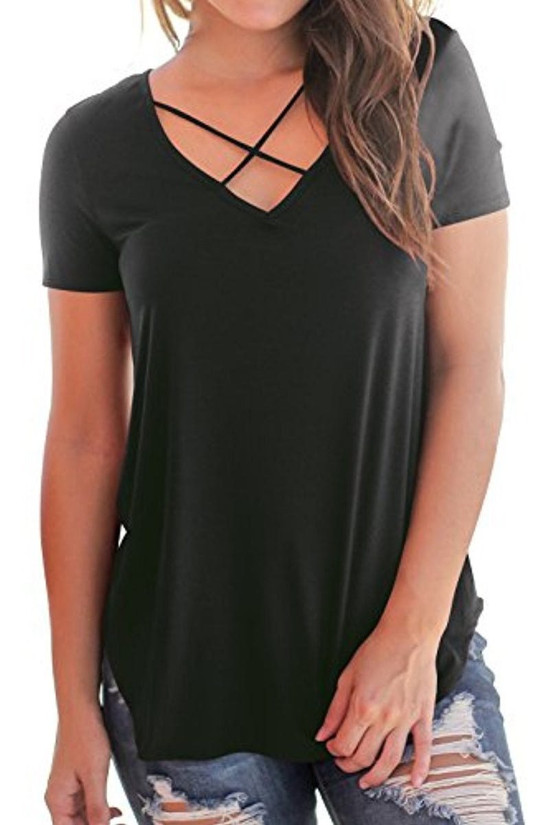 Women's Casual Short Sleeve Solid Criss Cross Front V-Neck T-Shirt Top ...