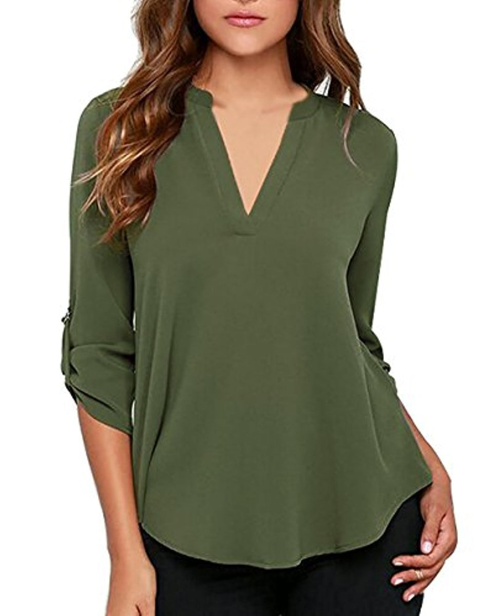 Women's Casual V Neck Cuffed Sleeves Solid Chiffon Blouse Top – Dresscount