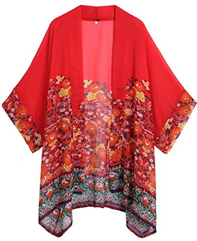 Relipop Women's Sheer Chiffon Blouse Loose Tops Kimono Floral Print Ca ...