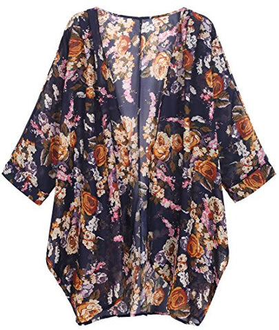 Relipop Women's Sheer Chiffon Blouse Loose Tops Kimono Floral Print Ca ...