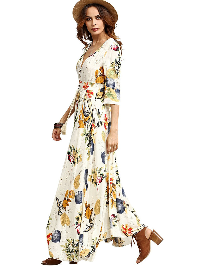 Women's Button Up Split Floral Print Flowy Party Maxi Dress – Dresscount