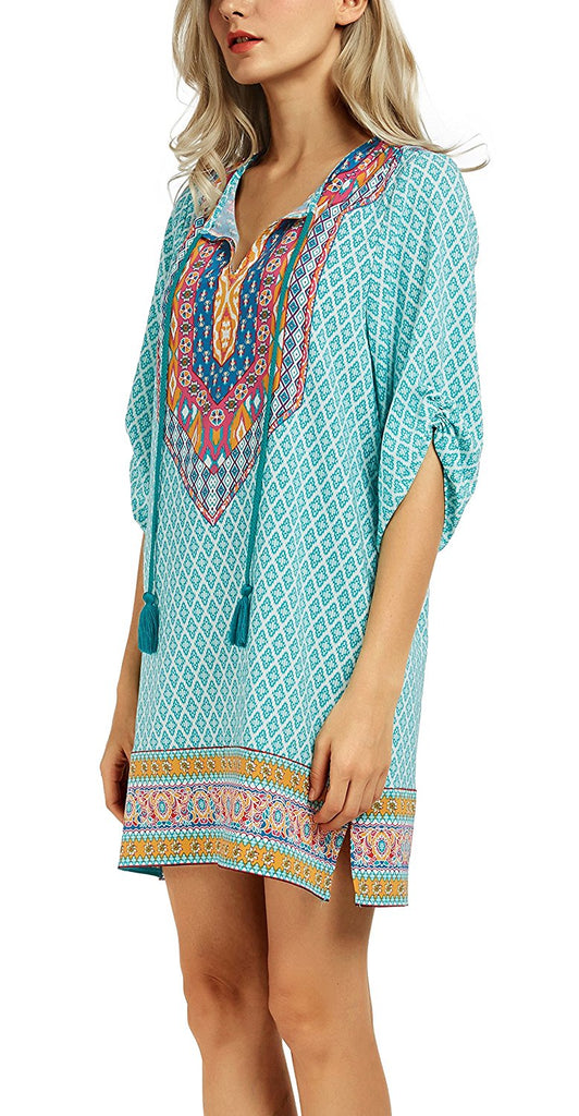 Women Bohemian Neck Tie Vintage Printed Ethnic Style Summer Shift Dres –  Dresscount