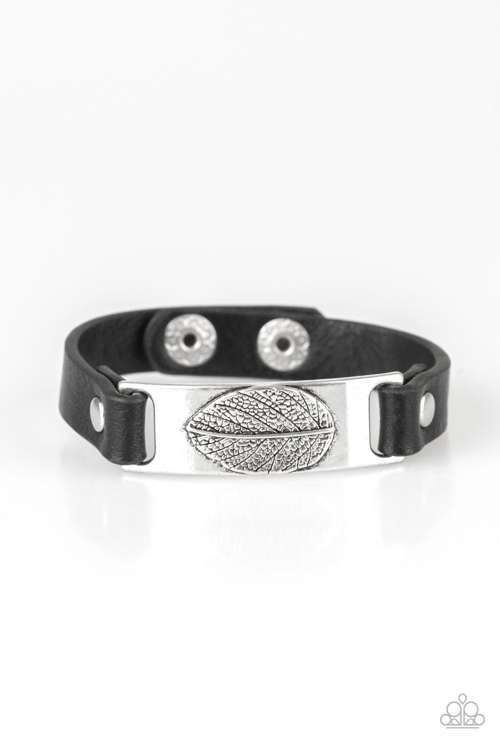Take the LEAF Black Leather Wrap Snap Bracelet - Paparazzi Accessories-CarasShop.com - $5 Jewelry by Cara Jewels