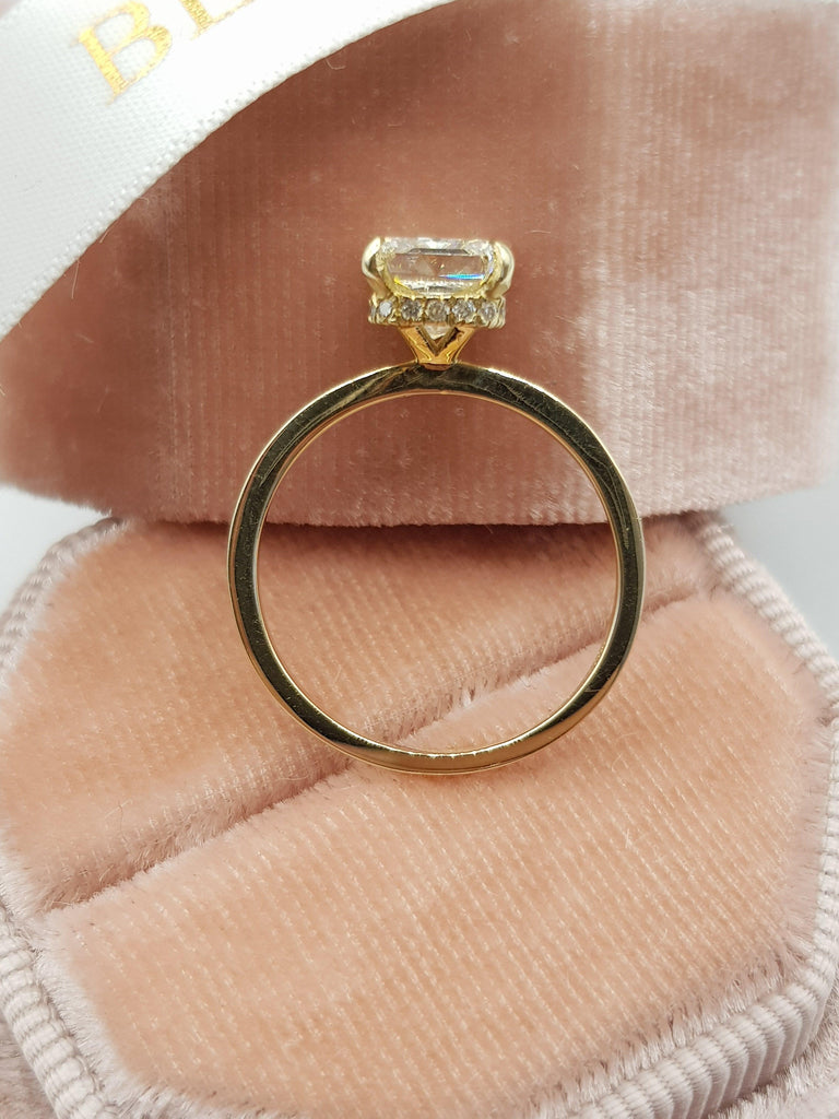 radiant cut hidden halo engagement ring