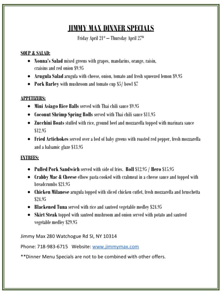 Jimmy Max Dinner Menu Specials