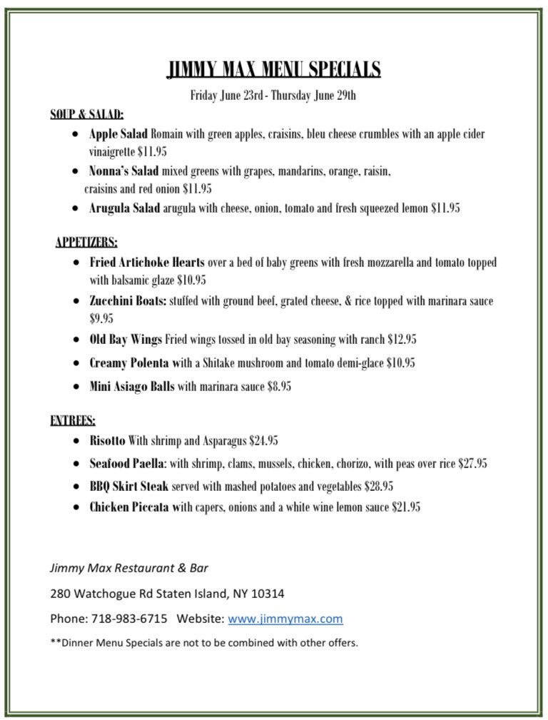 Jimmy Max Weekly Dinner Menu Specials 06/23/2023