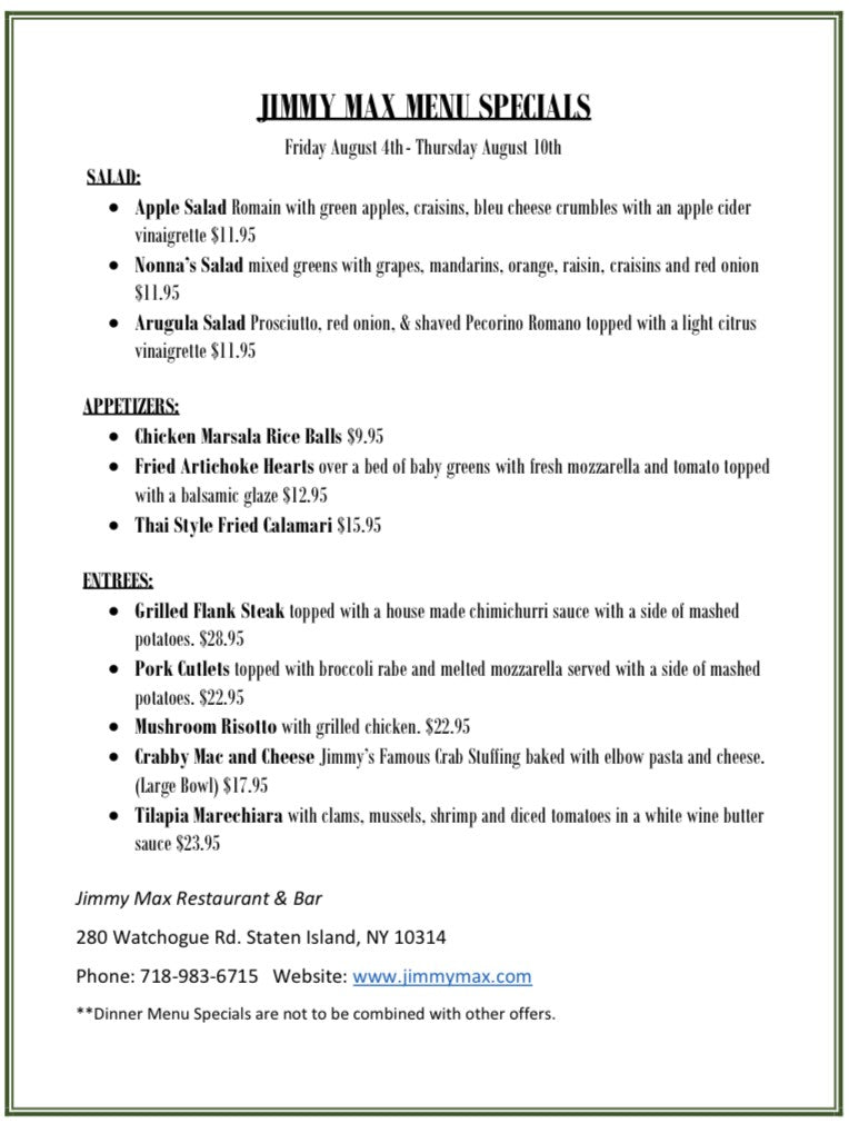 Jimmy Max Dinner Menu Specials