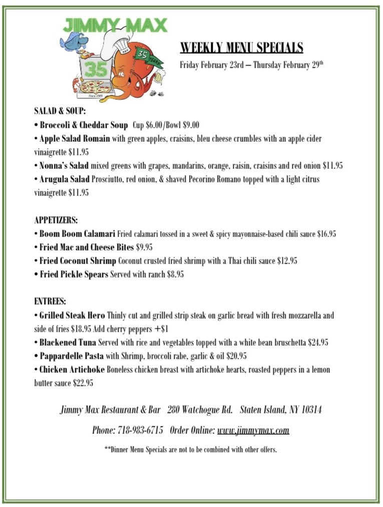 Jimmy Max Weekly Dinner Menu Specials