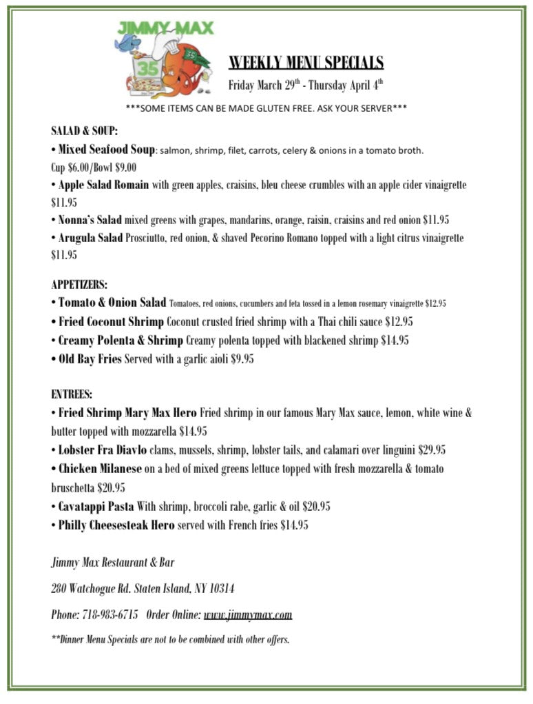 Jimmy Max Weekly Menu Specials