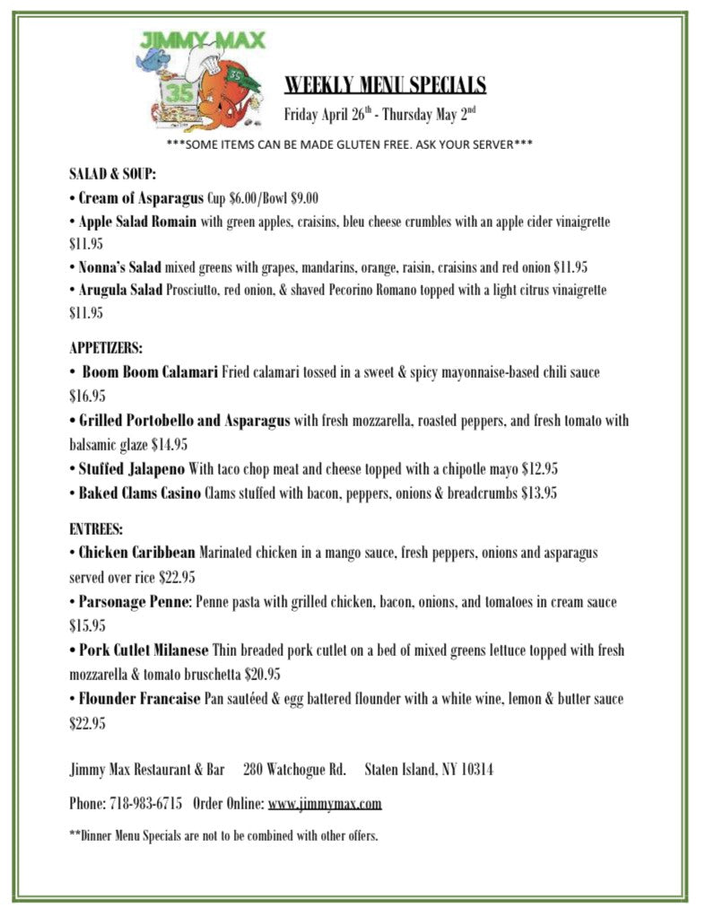 Jimmy Max Weekly Dinner Menu Specials