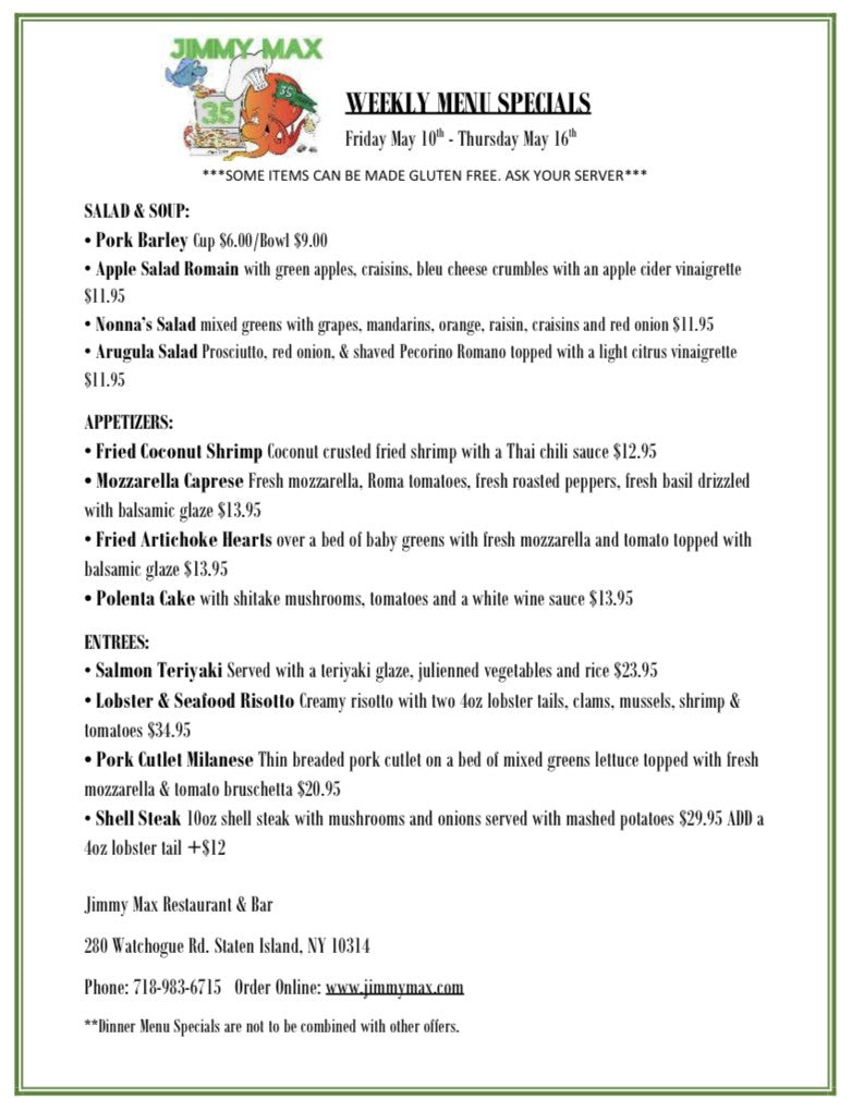 Jimmy Max Dinner Menu Specials