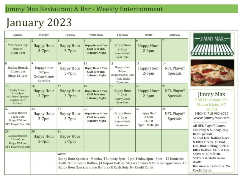 Jimmy Max Monthly Calendar of Events January 2023