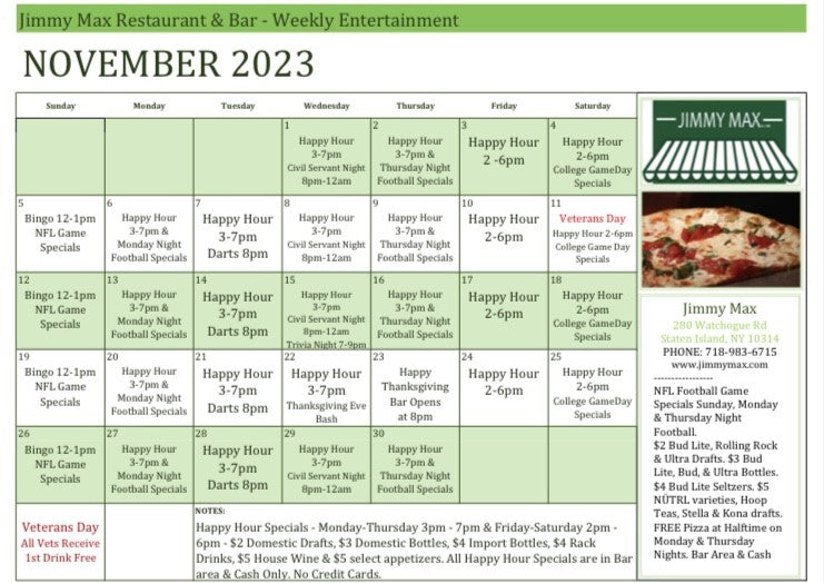 Jimmy Max Weekly Specials & Events November 2023