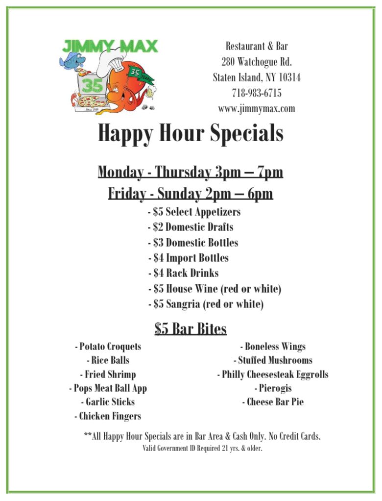 Jimmy Max Happy Hour Specials