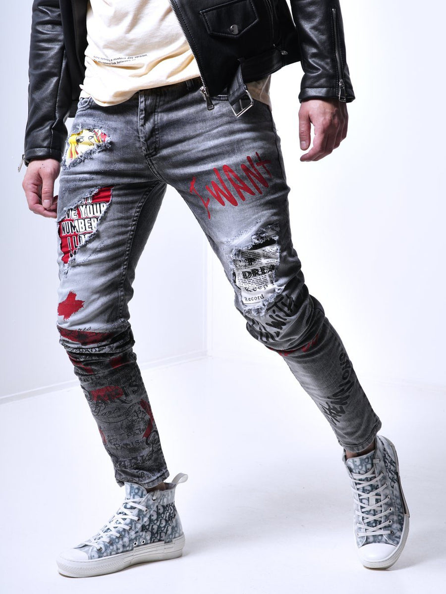 Denim Patched Jeans - Banksy Grey | Streetwear jeans for men