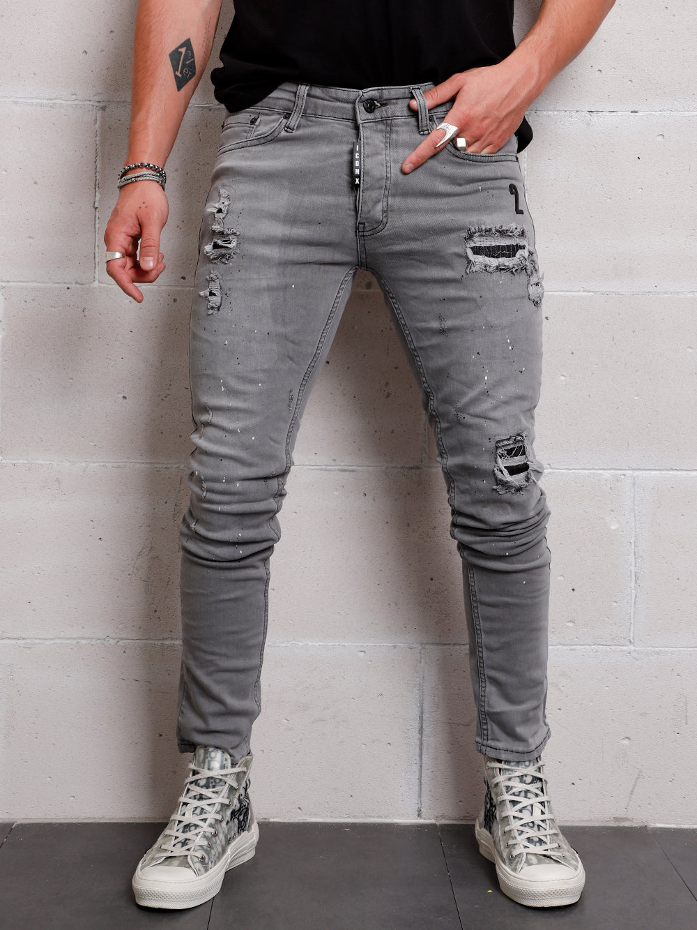 SMOKE SPLASH DISTRESSED DENIM - GREY | Streetwear jeans for men