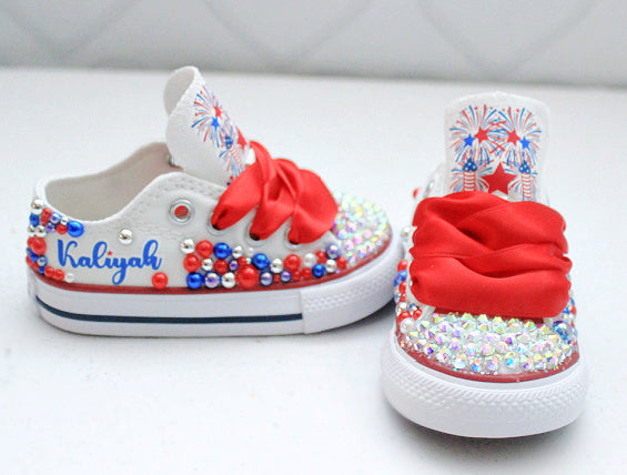 4th of july shoes- 4th of july bling Converse-Girls 4th of july Shoes – Pink Toes & Bows