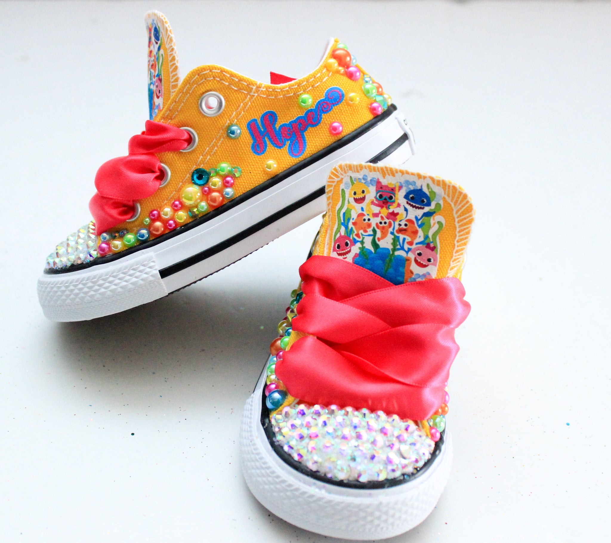 Baby shark shoes- Baby shark bling Converse-Girls Baby shark Shoes – Pink Toes & Bows