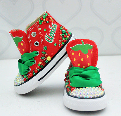 Strawberry shoes- Strawberry bling Converse-Girls Strawberry Shoes-Str –  Pink Toes & Hair Bows