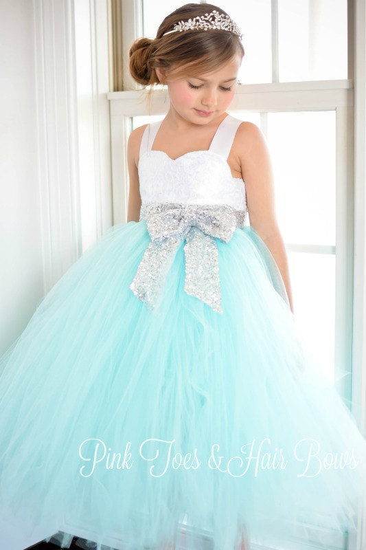 silver and white flower girl dresses